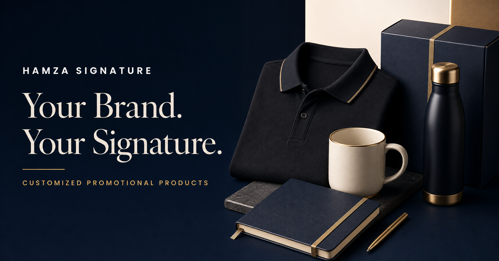 Hamza Signature branded polo, bottle, mug and notebook